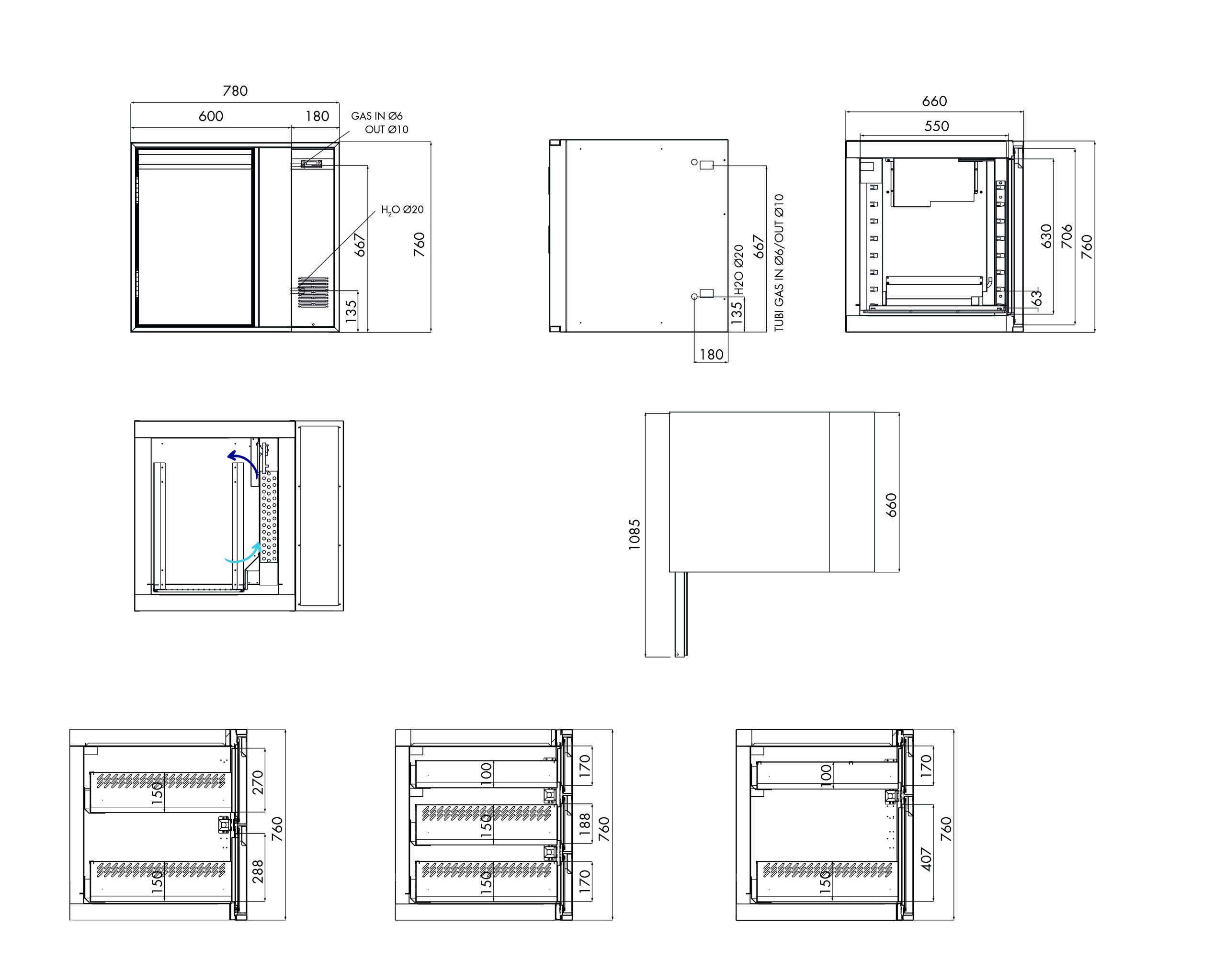 Tiefkühlunterbau GN Premium, 1 Tür, H 760 mm, zentralgekühlt – technische Zeichnung