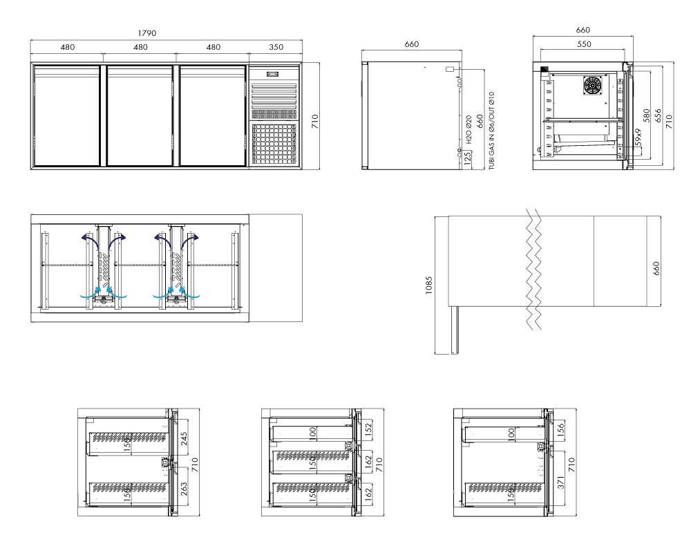 Tiefkühlunterbau GN Premium, 3 Türen, H 710 mm, steckerfertig – technische Zeichnung