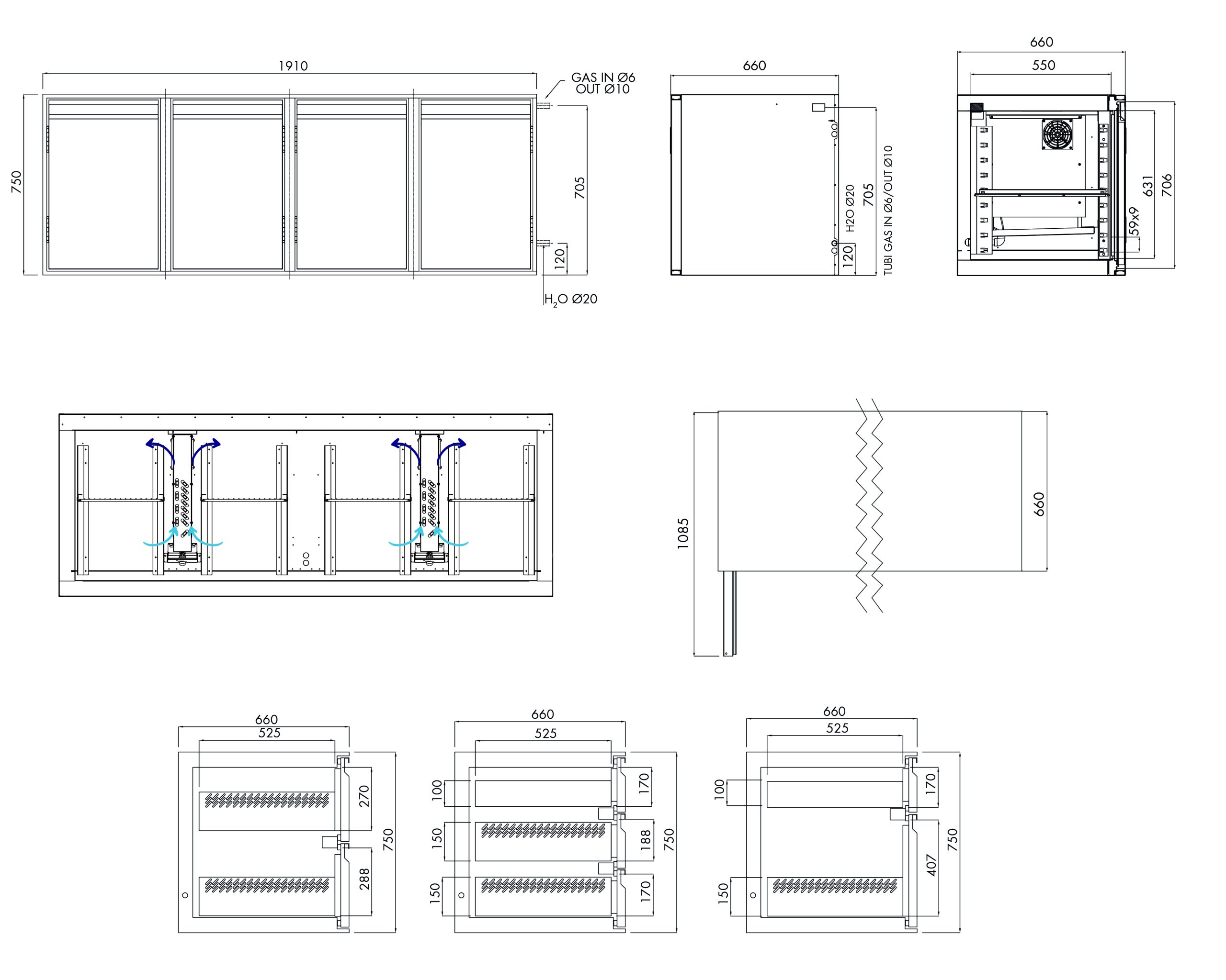 Tiefkühlunterbau GN Premium, 4 Türen, H 750 mm, ohne I-Fach – technische Zeichnung