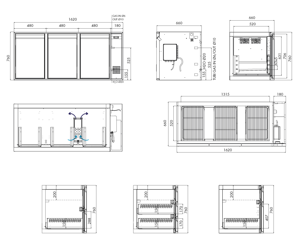 Saladette GN Premium, 3 Türen, H 750 mm, zentralgekühlt – technische Zeichnung