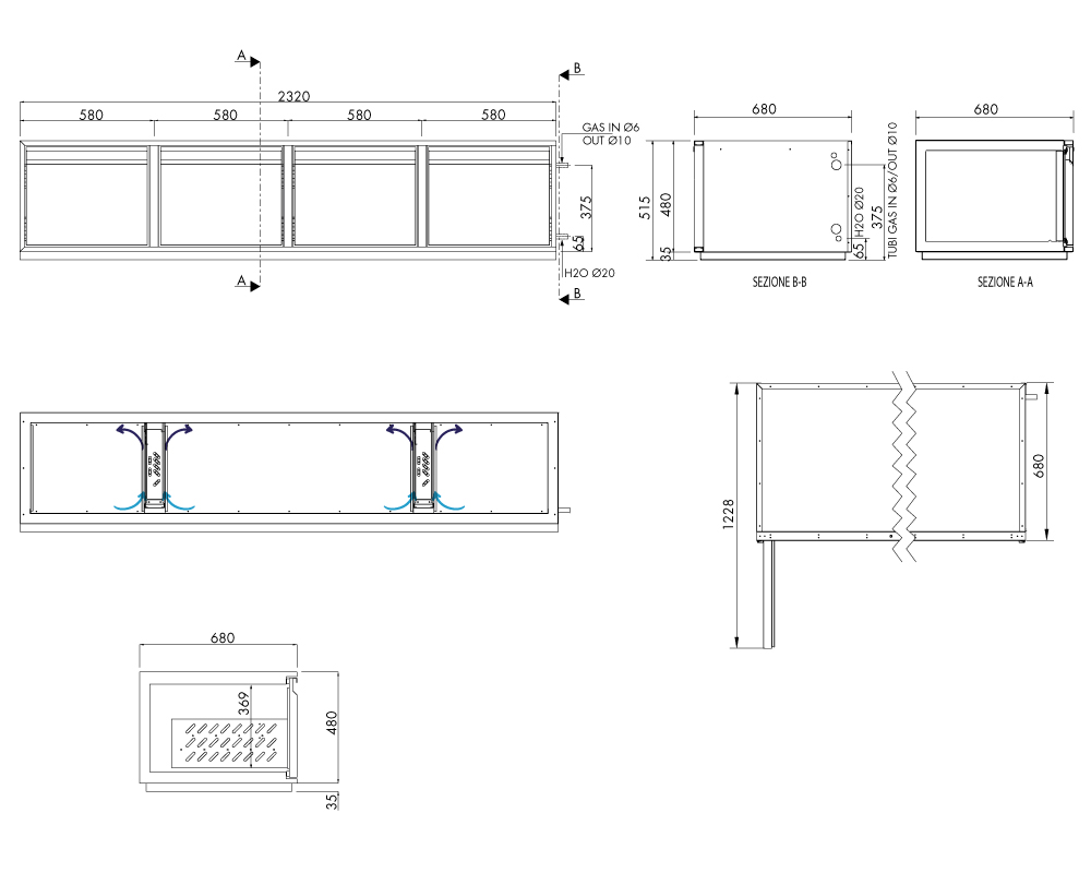 Getränkekühltisch AT, 4 Türen, H 480 × T 680 mm, ohne I-Fach – technische Zeichnung