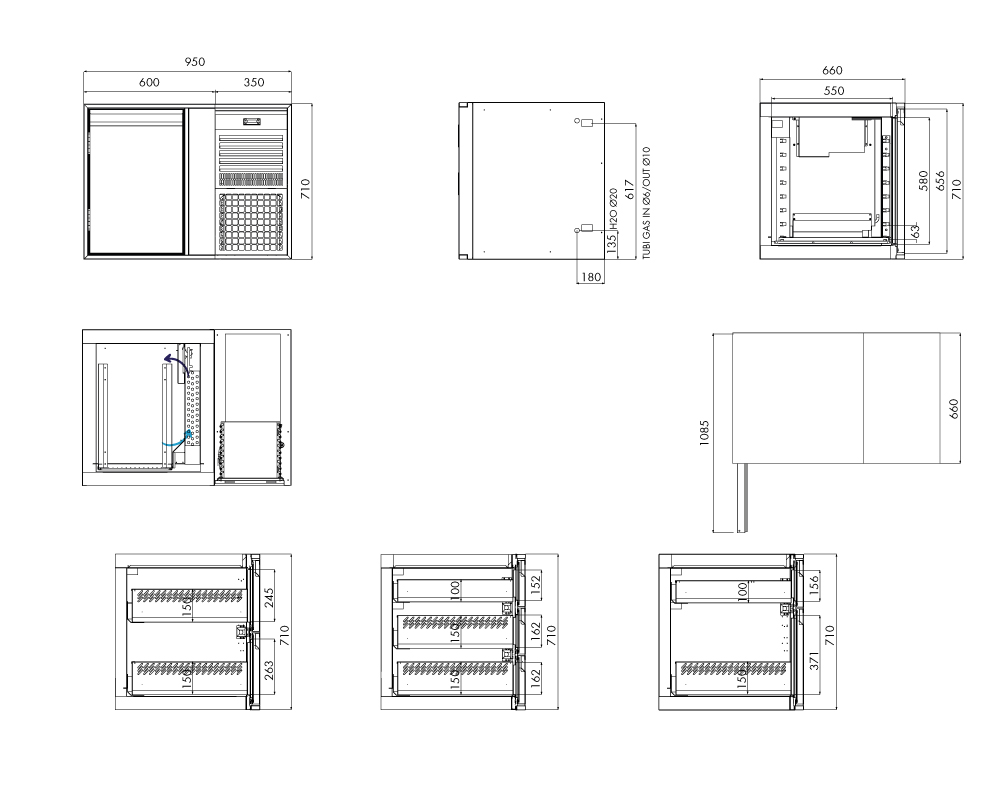Tiefkühlunterbau GN Premium, 1 Tür, H 710 mm, steckerfertig – technische Zeichnung