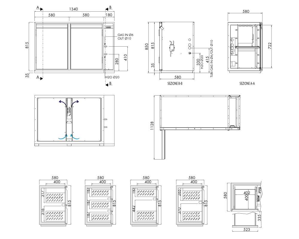 Getränkekühltisch AT, 2 Türen, H 815 × T 580 mm, zentralgekühlt – technische Zeichnung