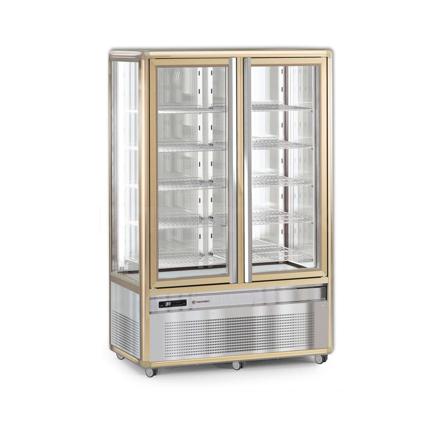 Standkühlvitrine SNELLE 701 Q, mit höhenverstellbaren Glastablaren, silber
