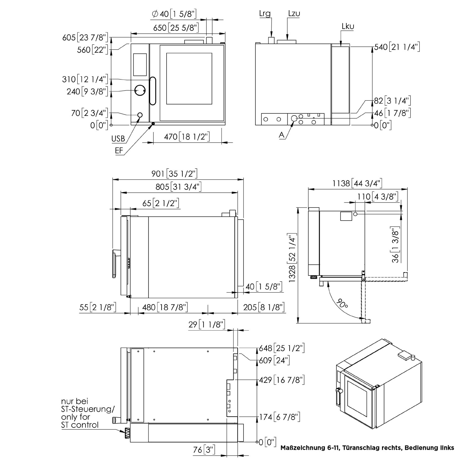 Eloma-Joker-Heissluftdmpfer-6-11-Bedienung-Links-Rechtssanschlag-Frischdampfsystem-Einbau-Edition-Serie-20-technische zeichnung