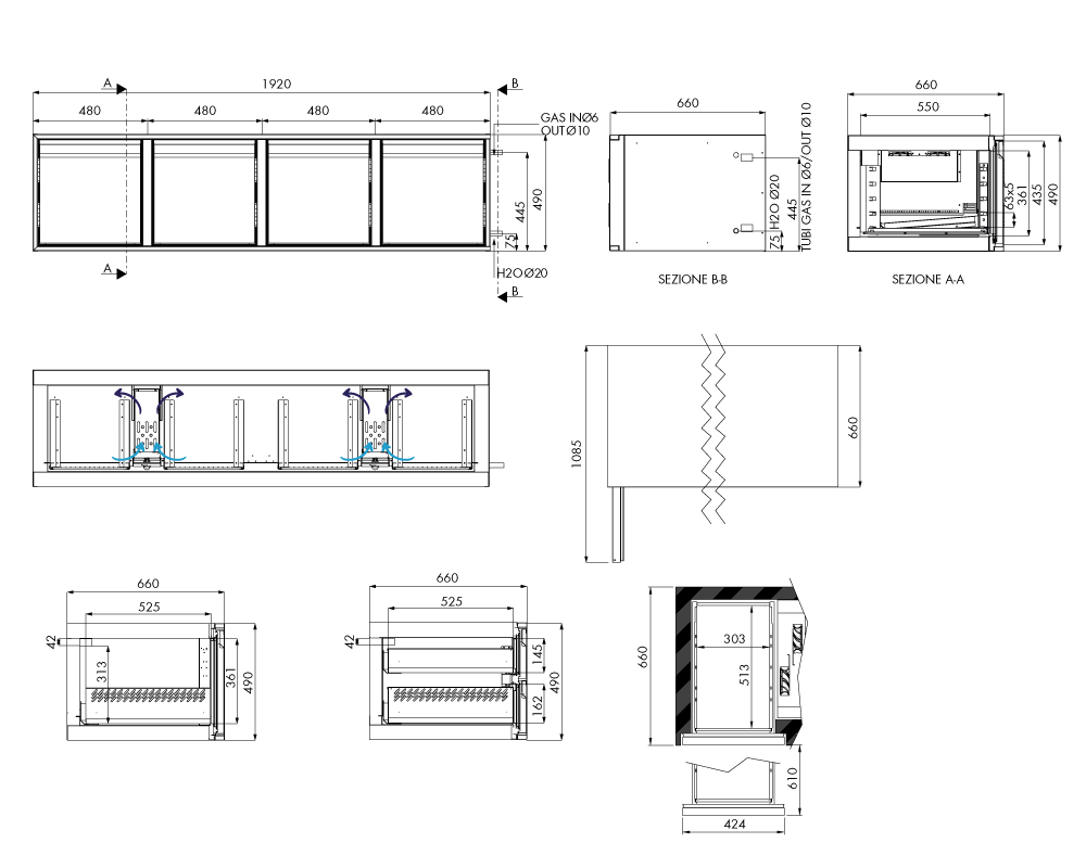 Tiefkühlunterbau GN Premium, 4 Türen, H 490 mm, ohne I-Fach – technische Zeichnung