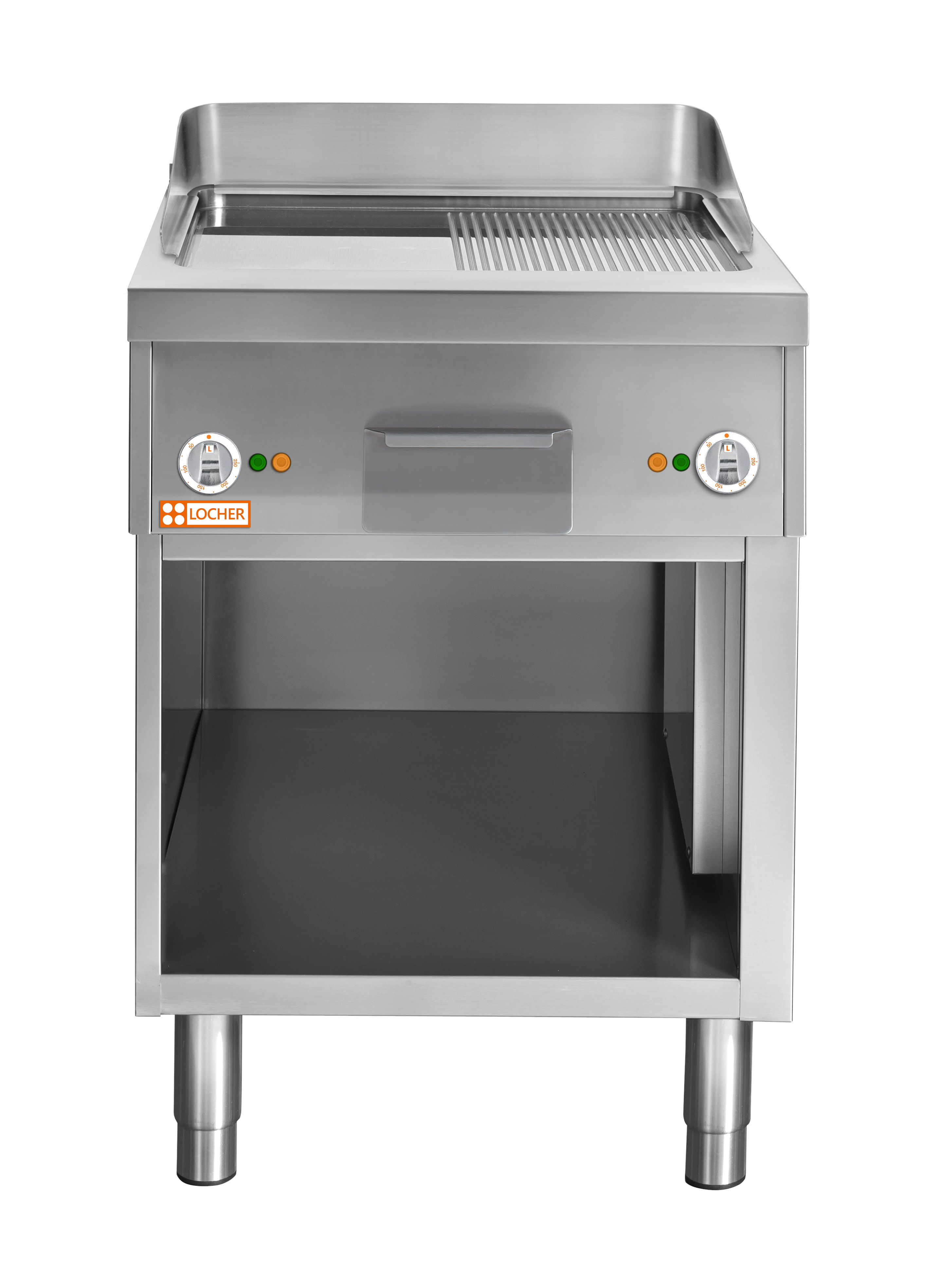 Locher Elektro-Bratplatte Stand 700, 600 mm hartverchromt halb gerillt