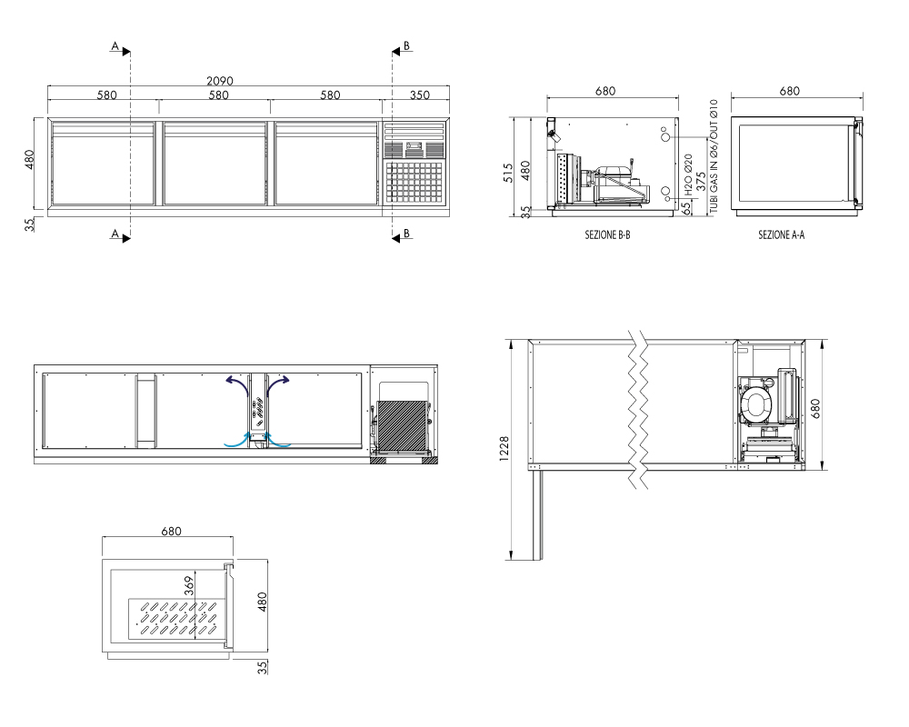 Getränkekühltisch AT, 3 Türen, H 480 × T 680 mm, steckerfertig – technische Zeichnung