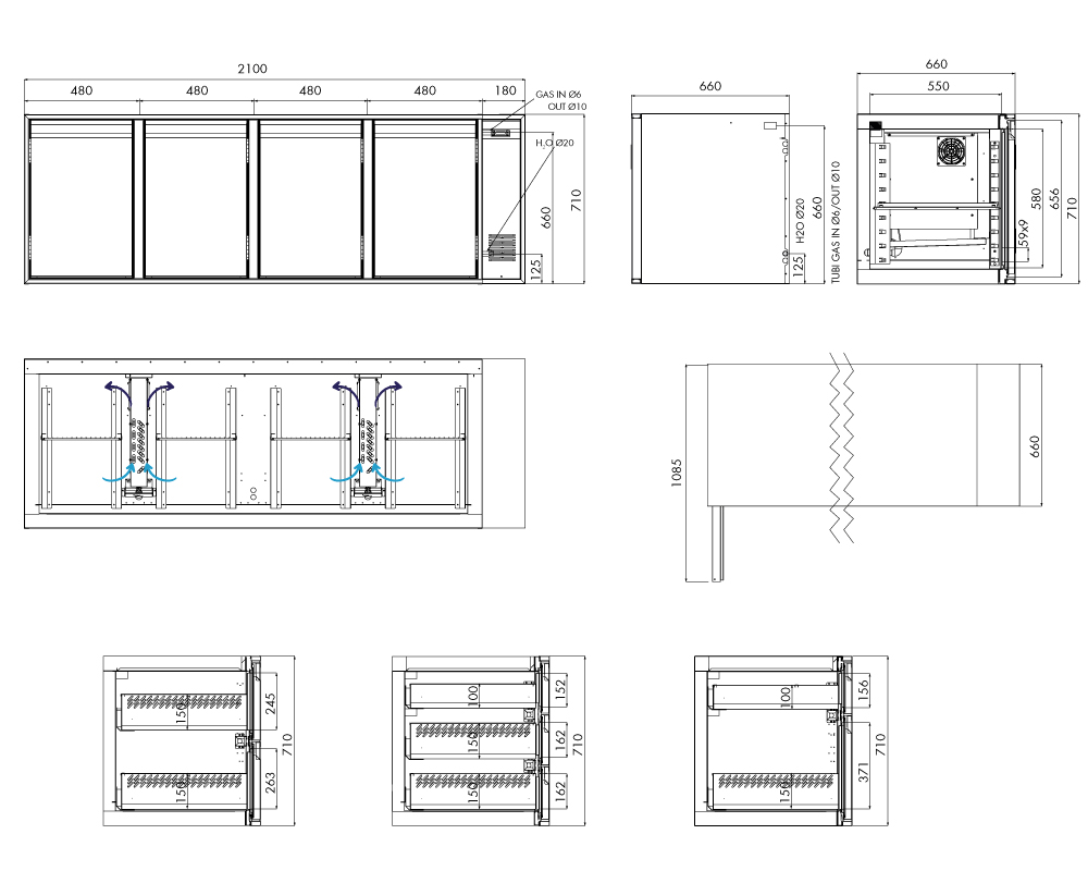 Tiefkühlunterbau GN Premium, 4 Türen, H 710 mm, zentralgekühlt – technische Zeichnung