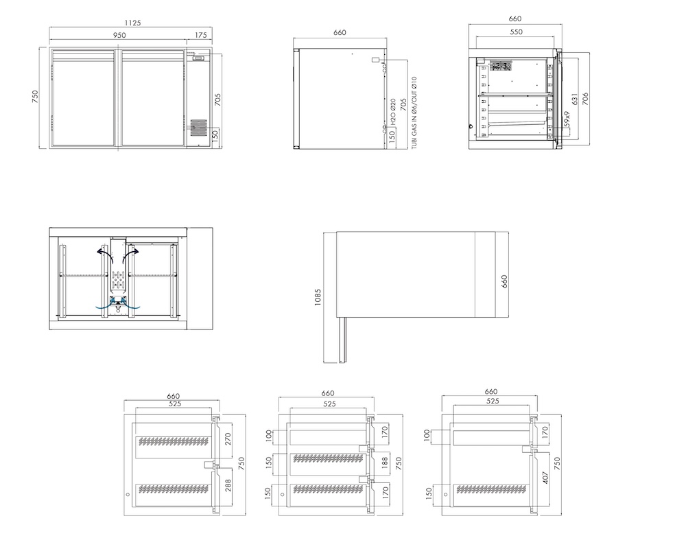 Kühlunterbau GN Premium, 2 Türen, H 750 mm, zentralgekühlt – technische Zeichnung
