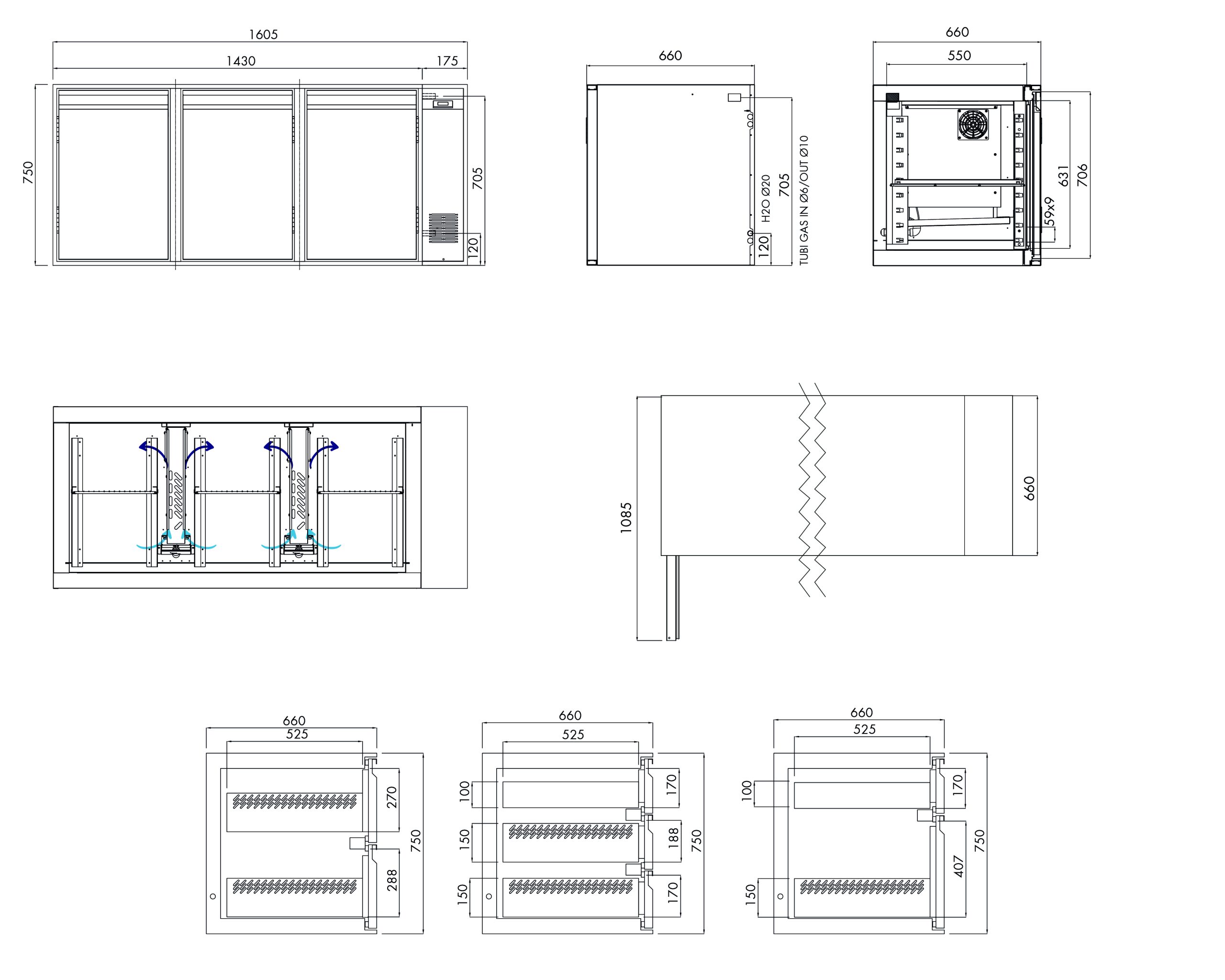 Tiefkühlunterbau GN Premium, 3 Türen, H 750 mm, zentralgekühlt – technische Zeichnung
