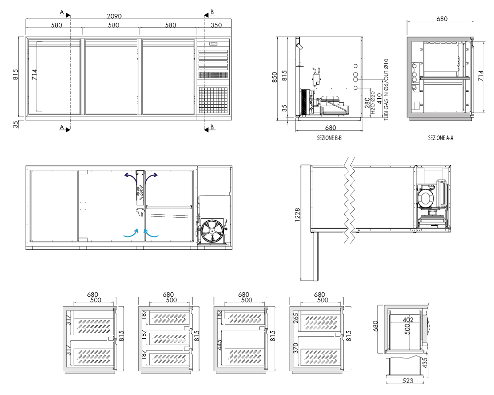 Getränkekühltisch AT, 3 Türen, H 815 × T 680 mm, steckerfertig – technische Zeichnung
