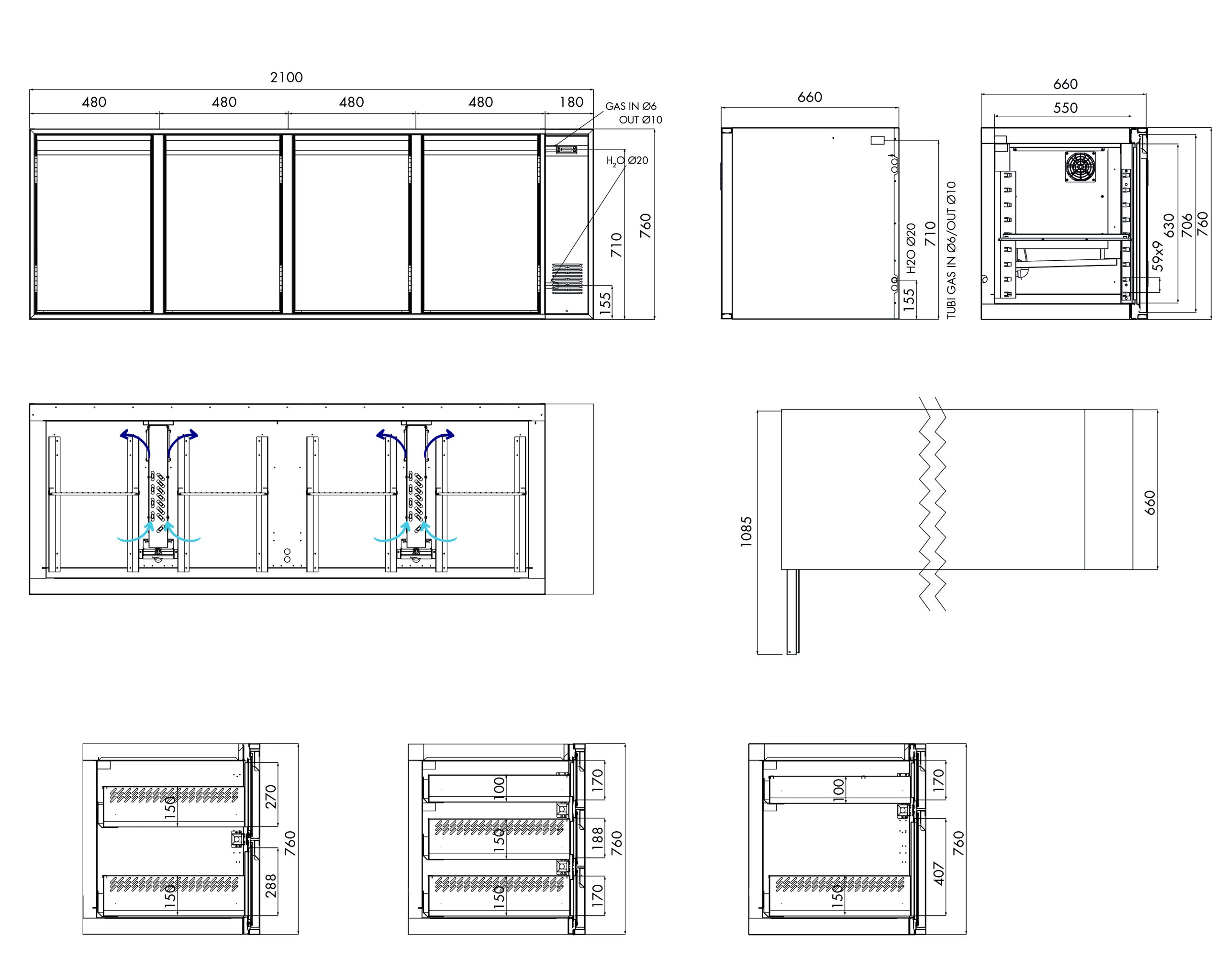 Tiefkühlunterbau GN Premium, 4 Türen, H 760 mm, zentralgekühlt – technische Zeichnung