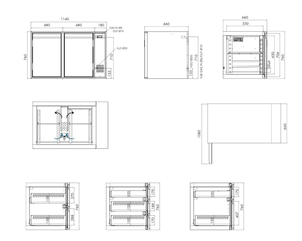 Kühlunterbau GN Premium, 2 Türen, H 760 mm, zentralgekühlt – technische Zeichnung