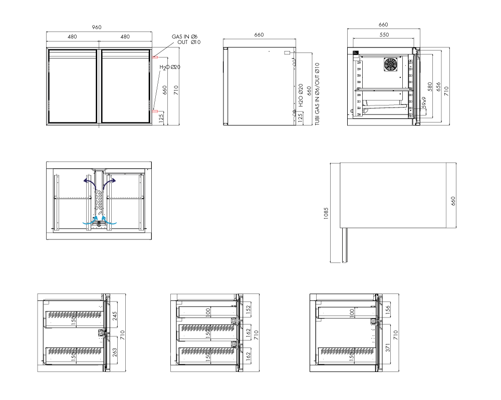 Tiefkühlunterbau GN Premium, 2 Türen, H 710 mm, ohne I-Fach – technische Zeichnung