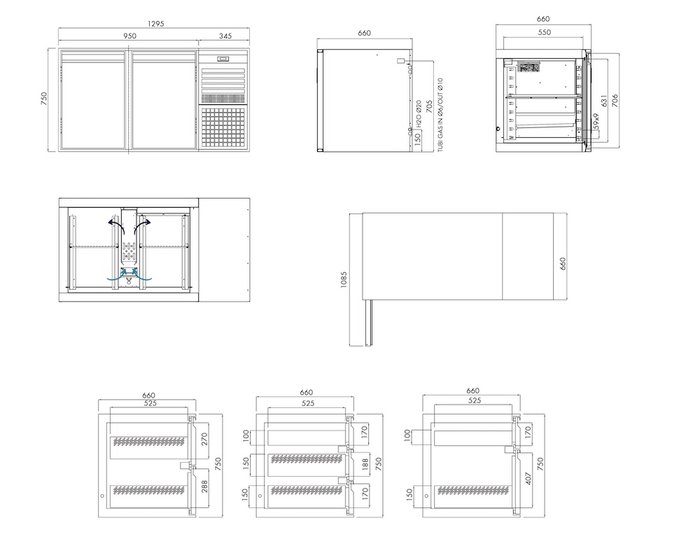 Kühlunterbau GN Premium, 2 Türen, H 750 mm, steckerfertig – technische Zeichnung