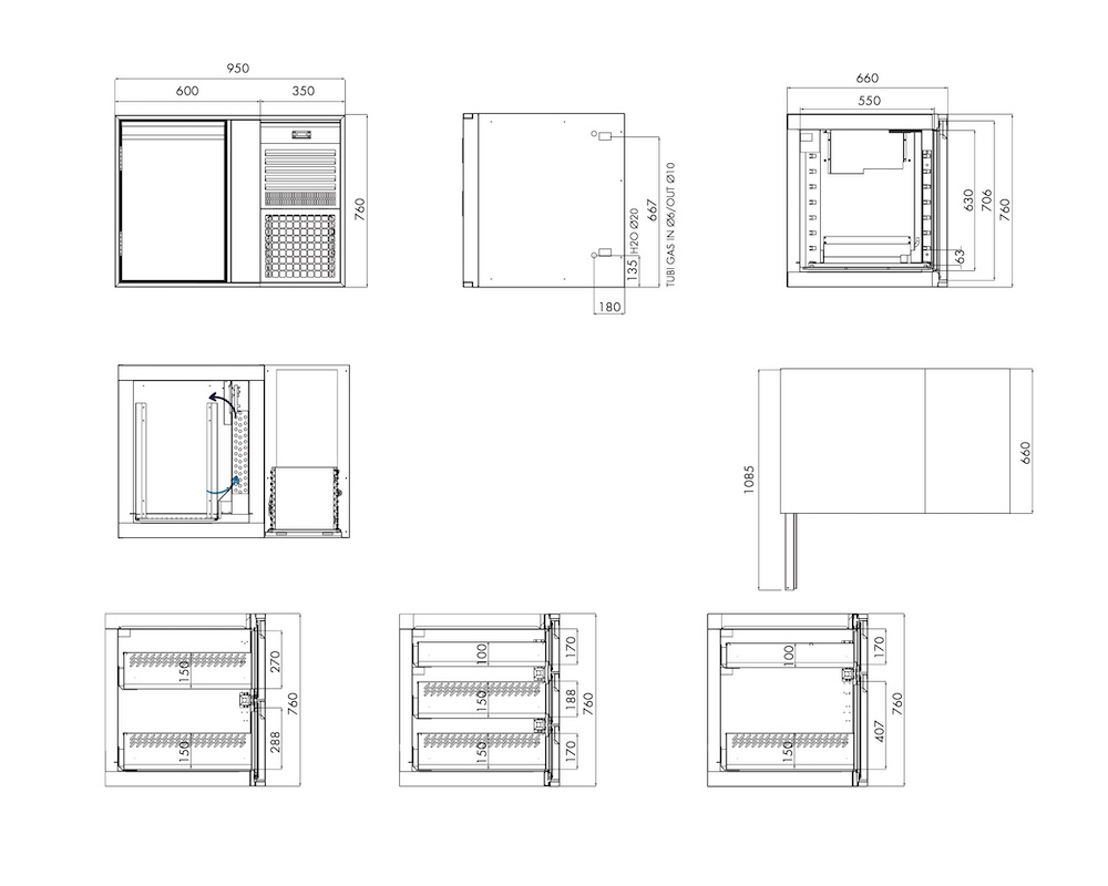 Tiefkühlunterbau GN Premium, 1 Tür, H 760 mm, steckerfertig – technische Zeichnung