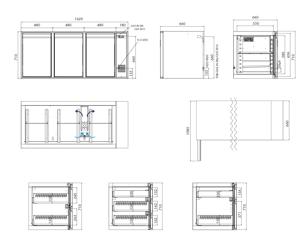 Kühlunterbau GN Premium, 3 Türen, H 710 mm, zentralgekühlt – technische Zeichnung