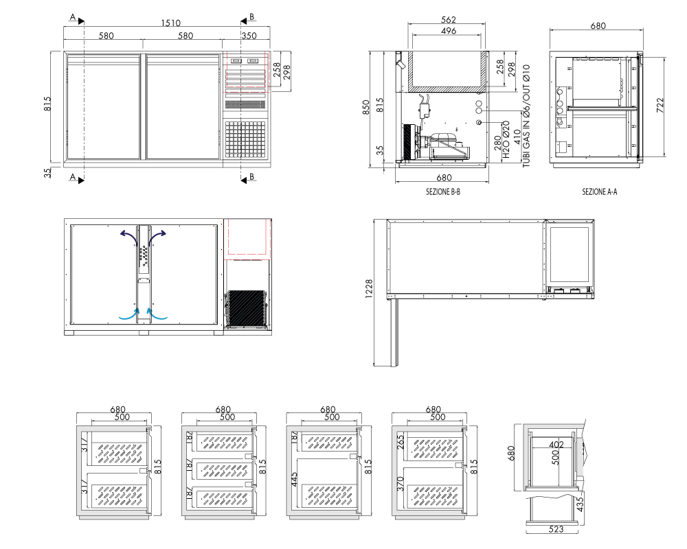 Getränkekühltisch AT, 2 Türen, H 815 × T 680 mm, steckerfertig, mit Flaschenkühlwanne FK8 (560 × 340 × 300 mm) separat gesteuert – technische Zeichnung
