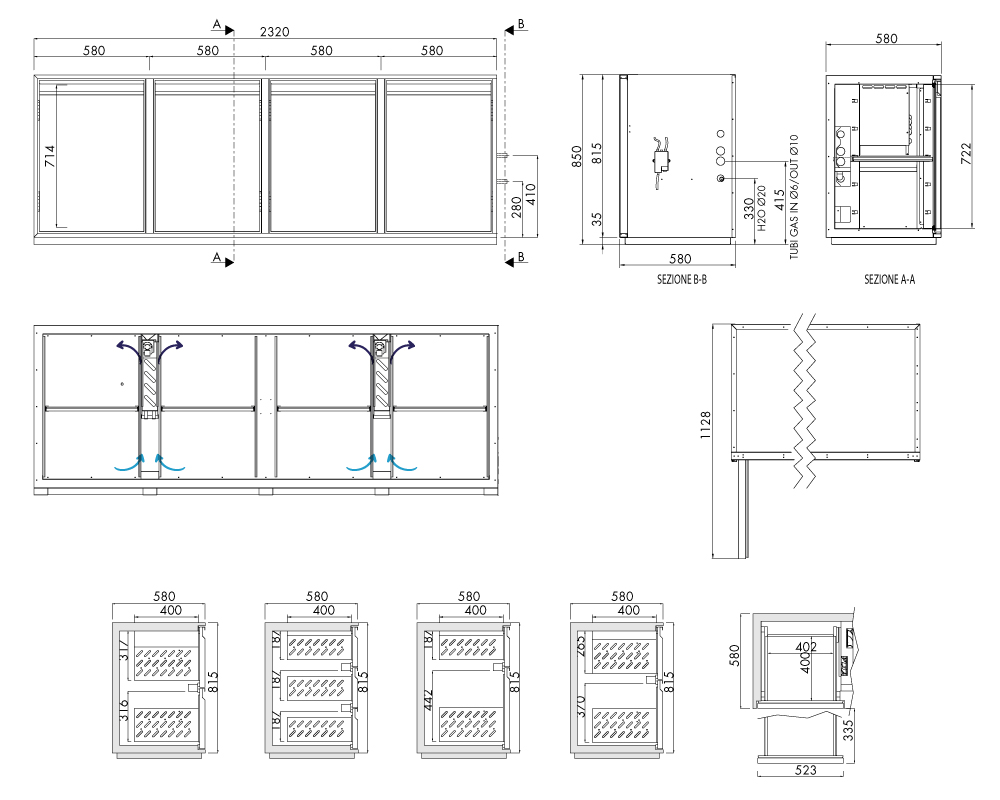 Getränkekühltisch AT, 4 Türen, H 815 × T 580 mm, ohne I-Fach – technische Zeichnung