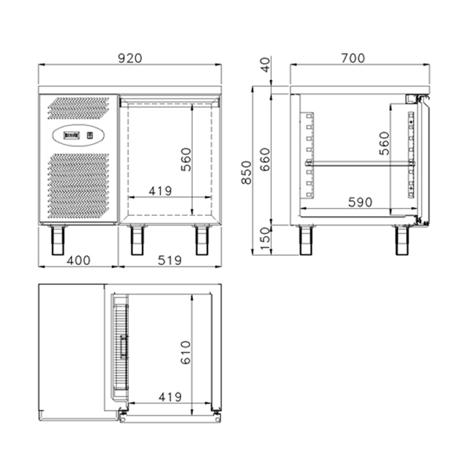 Technische Zeichnung zu Kühltisch DAIQUIRI Top Line GN 1/1, B 920  x T 700 x H 850 mm, 1 Kühlfach, Arbeitsplatte