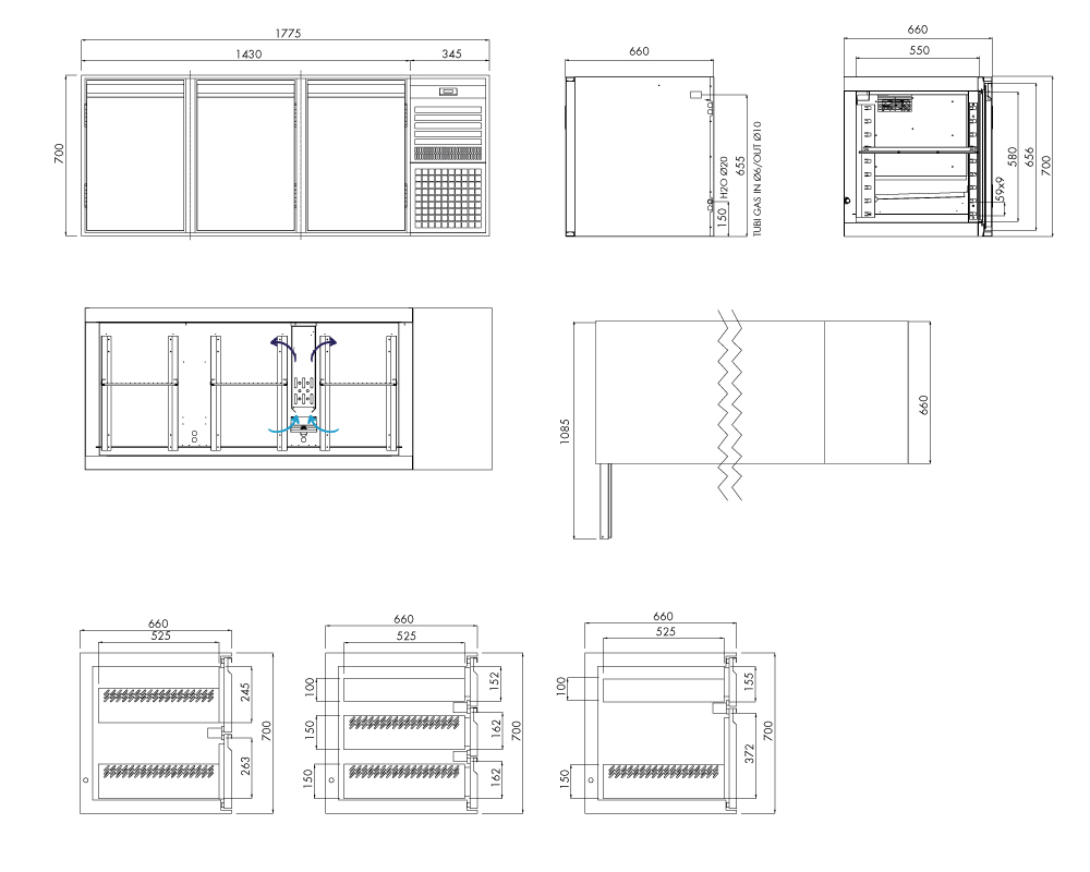 Kühlunterbau GN Premium, 3 Türen, H 700 mm, steckerfertig – technische Zeichnung