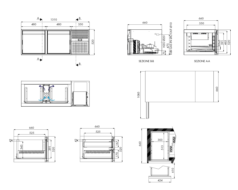 Tiefkühlunterbau GN Premium, 2 Türen, H 520 mm, steckerfertig – technische Zeichnung