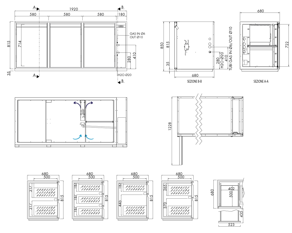 Getränkekühltisch AT, 3 Türen, H 815 × T 680 mm, zentralgekühlt – technische Zeichnung