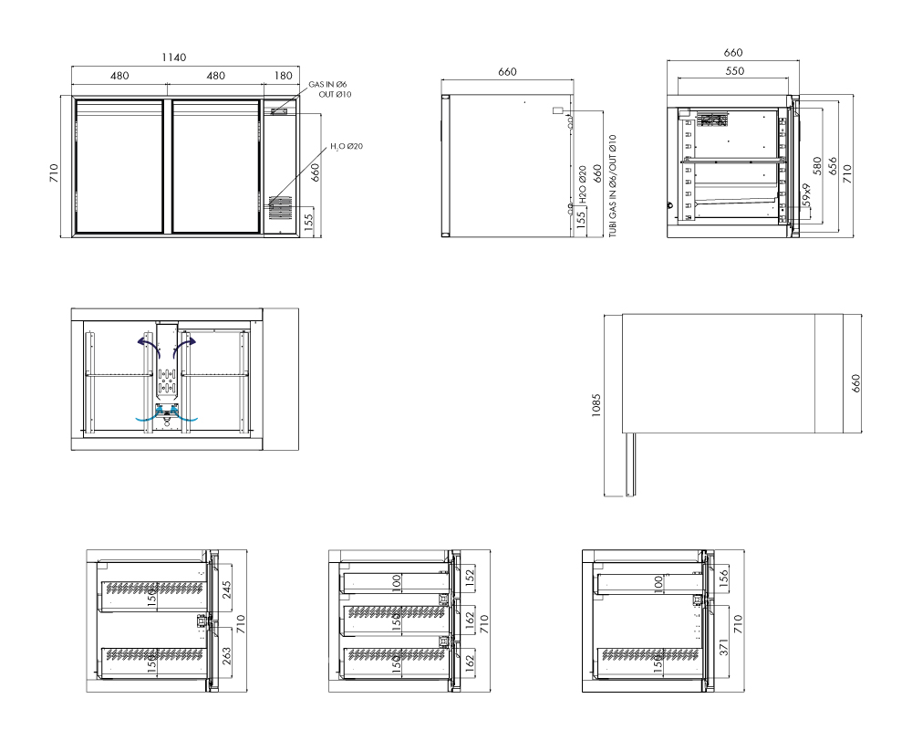 Kühlunterbau GN Premium, 2 Türen, H 710 mm, zentralgekühlt – technische Zeichnung
