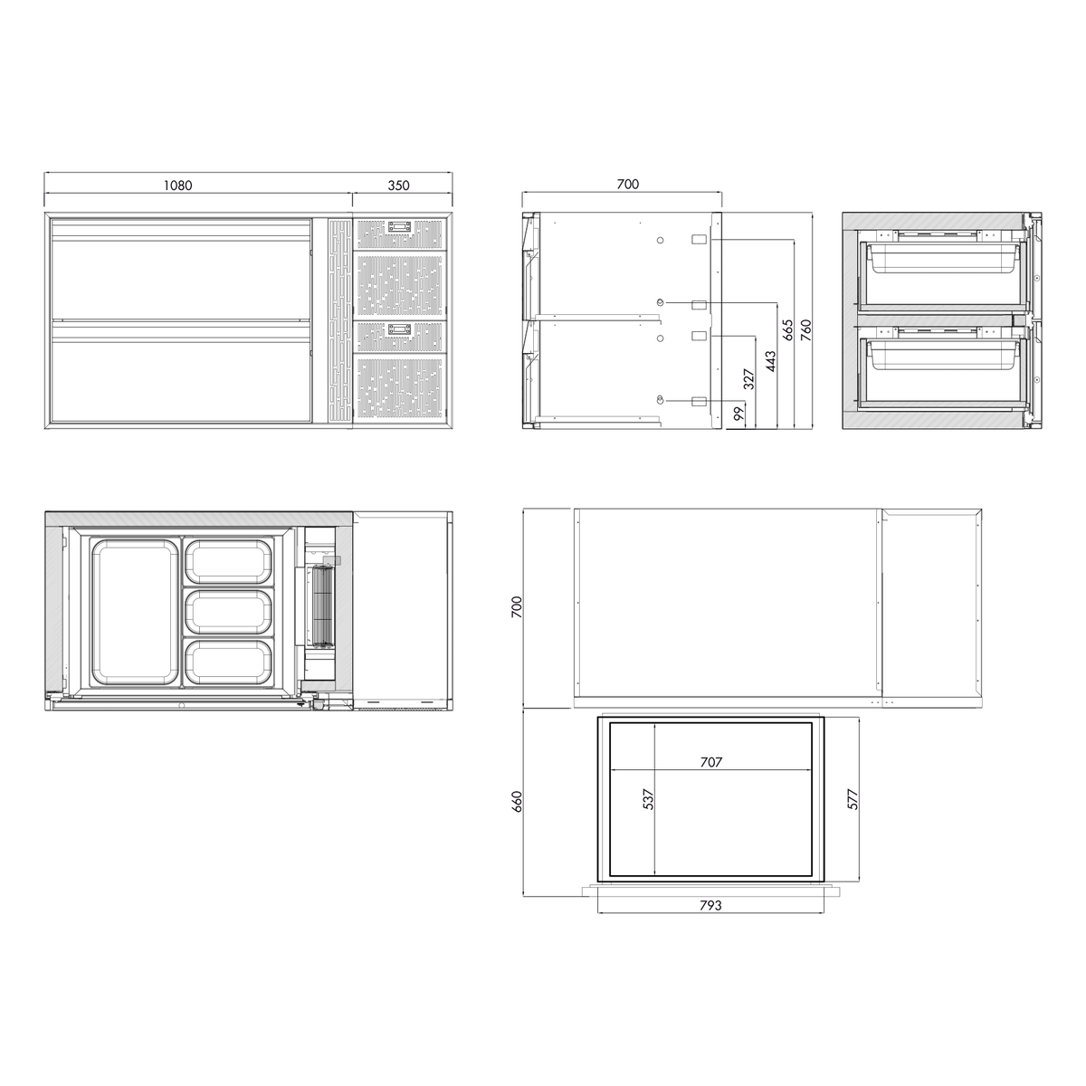 Double T° Kühl-/Tiefkühlunterbau GN Premium, 2 Schubladen GN 2/1, H 760 mm, steckerfertig