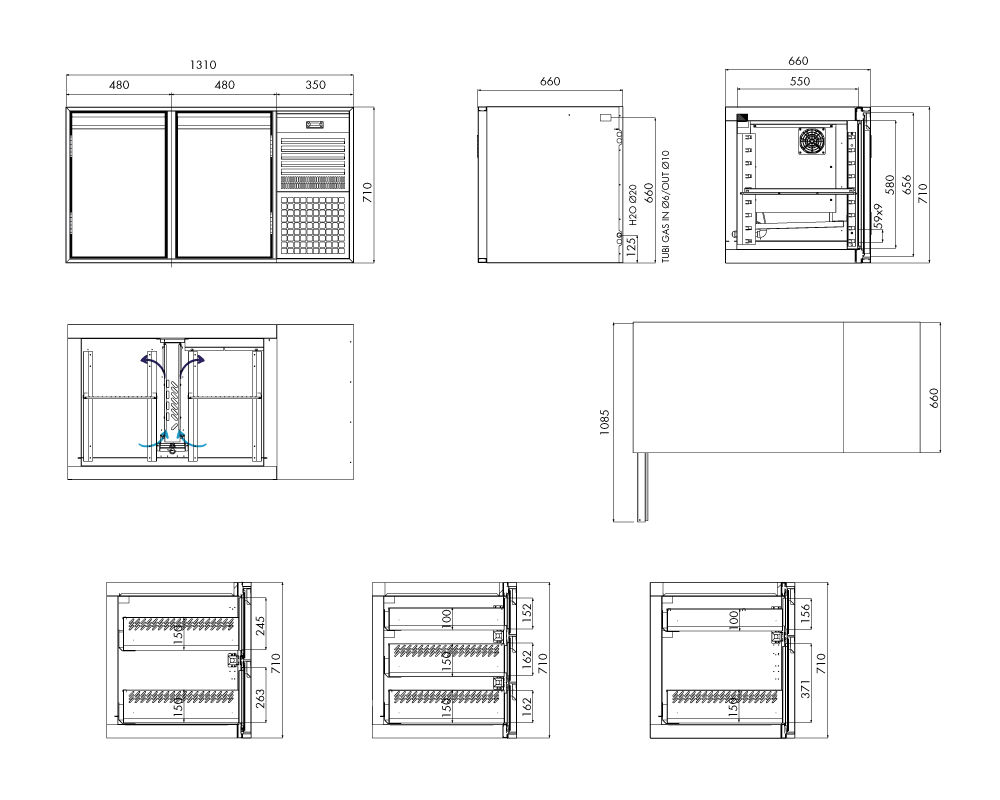 Tiefkühlunterbau GN Premium, 2 Türen, H 710 mm, steckerfertig – technische Zeichnung