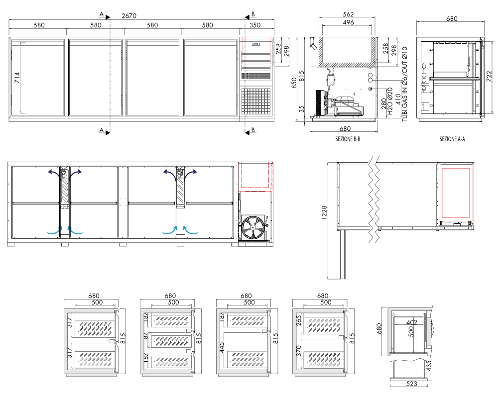 Getränkekühltisch AT, 4 Türen, H 815 × T 680 mm, steckerfertig, mit Flaschenkühlwanne FK8 (560 × 340 × 300 mm) mitgesteuert – technische Zeichnung