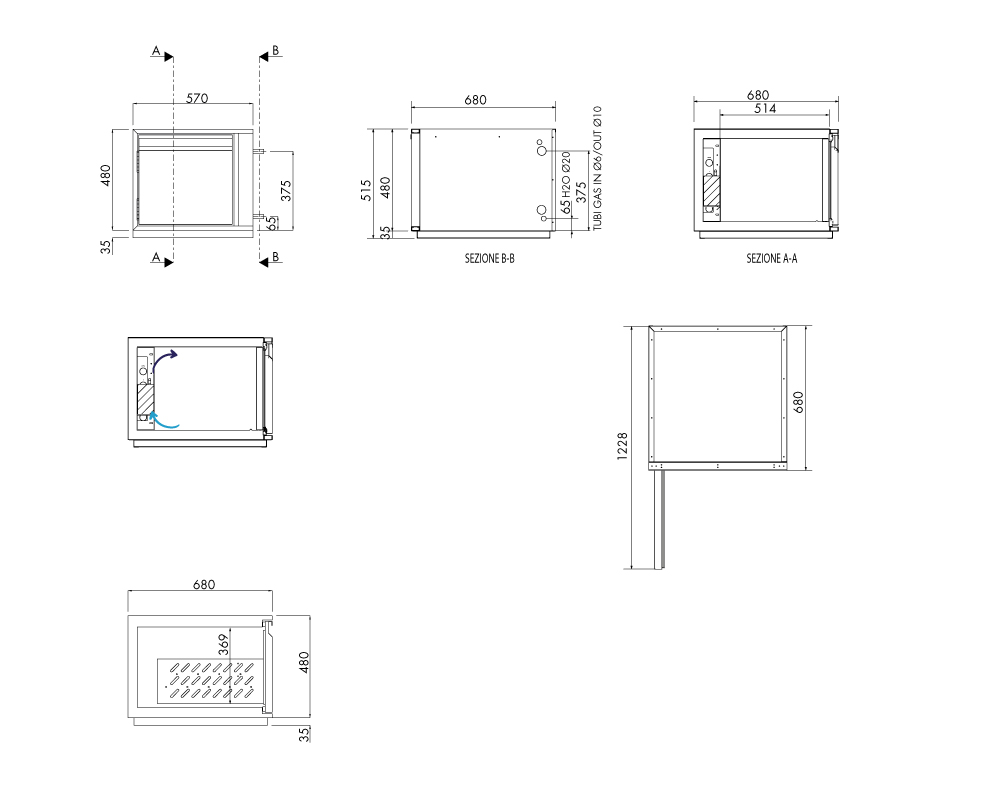 Getränkekühltisch AT, 1 Tür, H 480 × T 680 mm, ohne I-Fach – technische Zeichnung