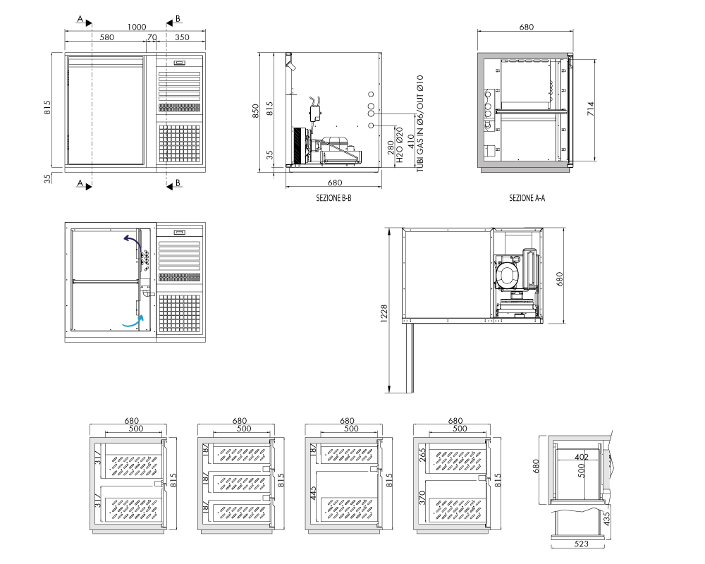 Getränkekühltisch AT, 1 Tür, H 815 × T 680 mm, steckerfertig – technische Zeichnung