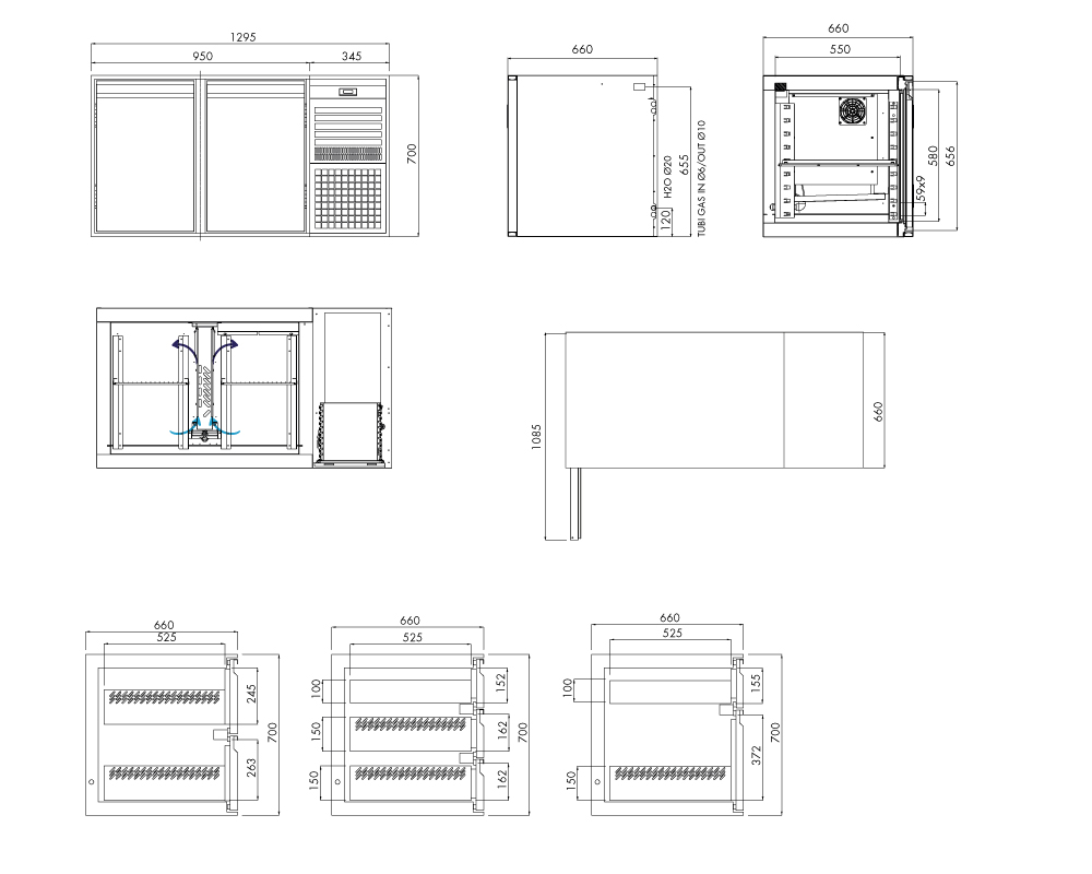 Tiefkühlunterbau GN Premium, 2 Türen, H 700 mm, steckerfertig – technische Zeichnung