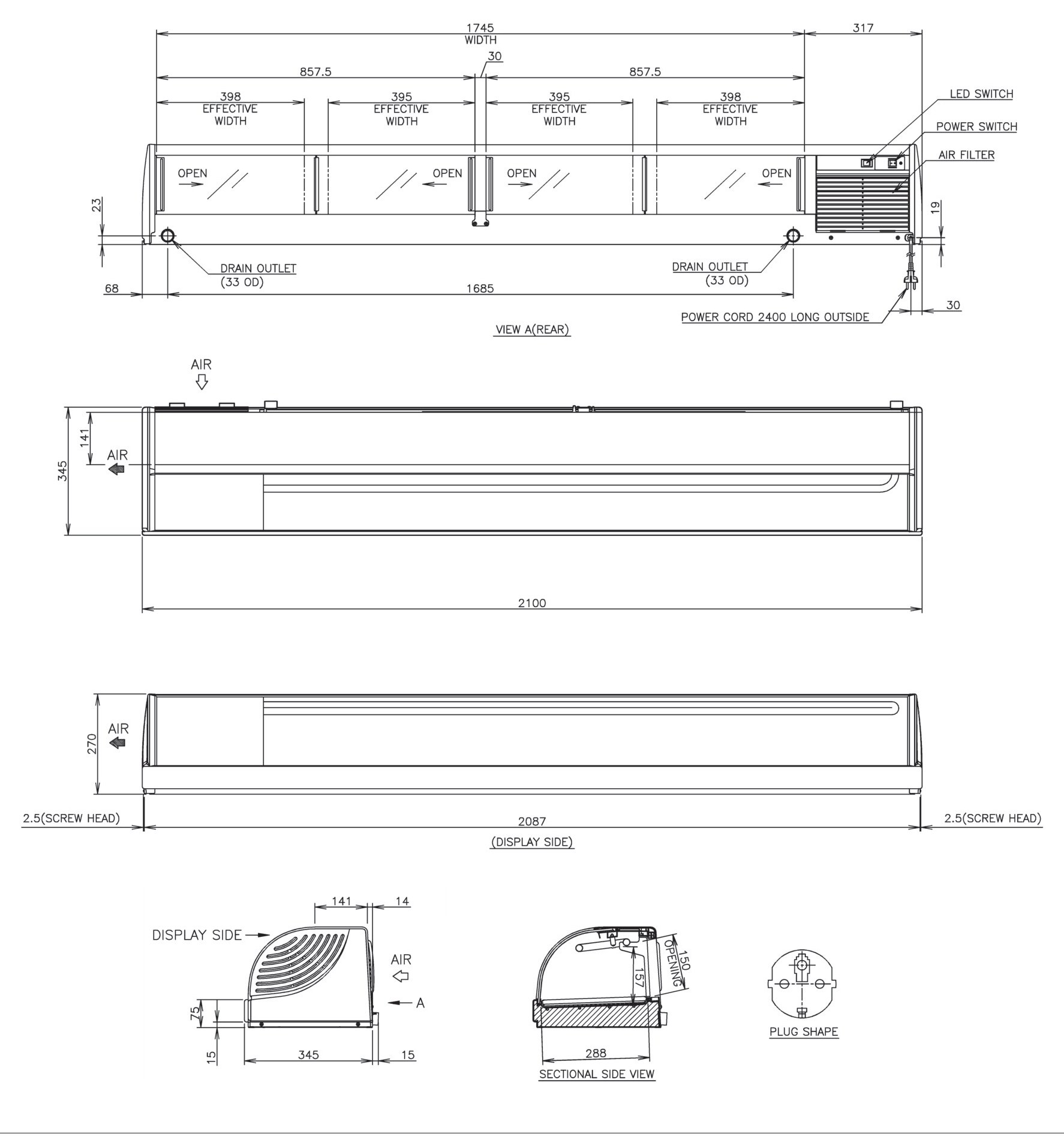 Sushi-Schauvitrine HOSHIZAKI HNC-210BE-L-BLH, 2100 mm breit, LED, Maschinenfach links