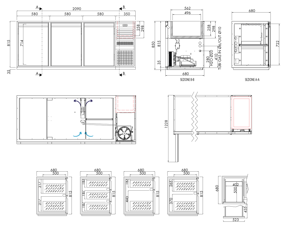 Getränkekühltisch AT, 3 Türen, H 815 × T 680 mm, steckerfertig, mit Flaschenkühlwanne FK8 (560 × 340 × 300 mm) mitgesteuert – technische Zeichnung
