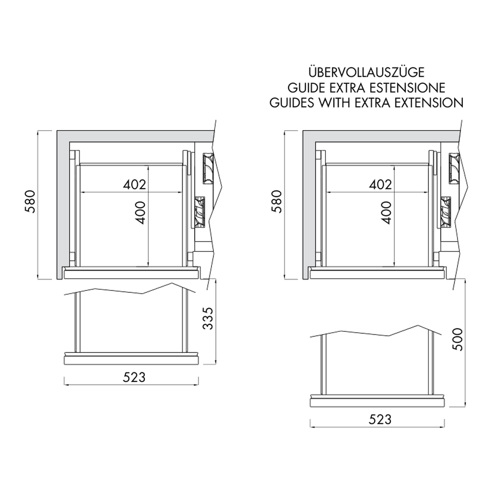 Ladenmodul mit Übervollauszügen Getränkekühltisch AT, Teilung 1/2 - 1/2, 2–4 Türen, Tiefe 580 mm