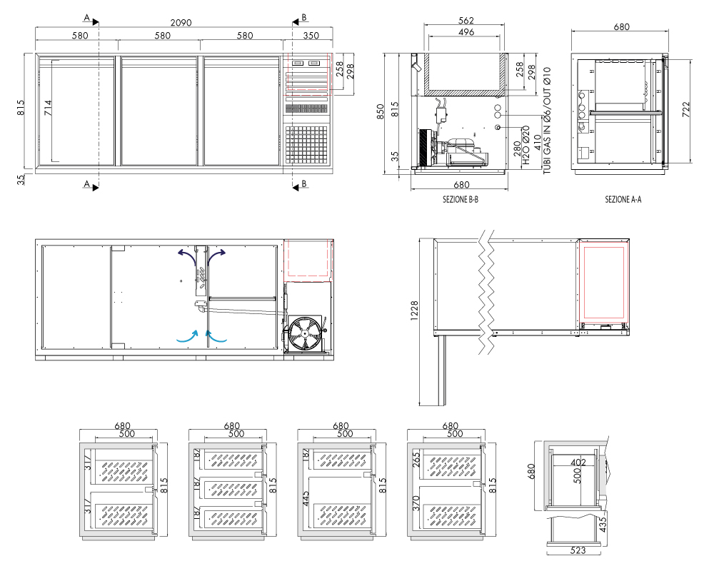 Getränkekühltisch AT, 3 Türen, H 815 × T 680 mm, steckerfertig, mit Flaschenkühlwanne FK8 (560 × 340 × 300 mm) separat gesteuert – technische Zeichnung