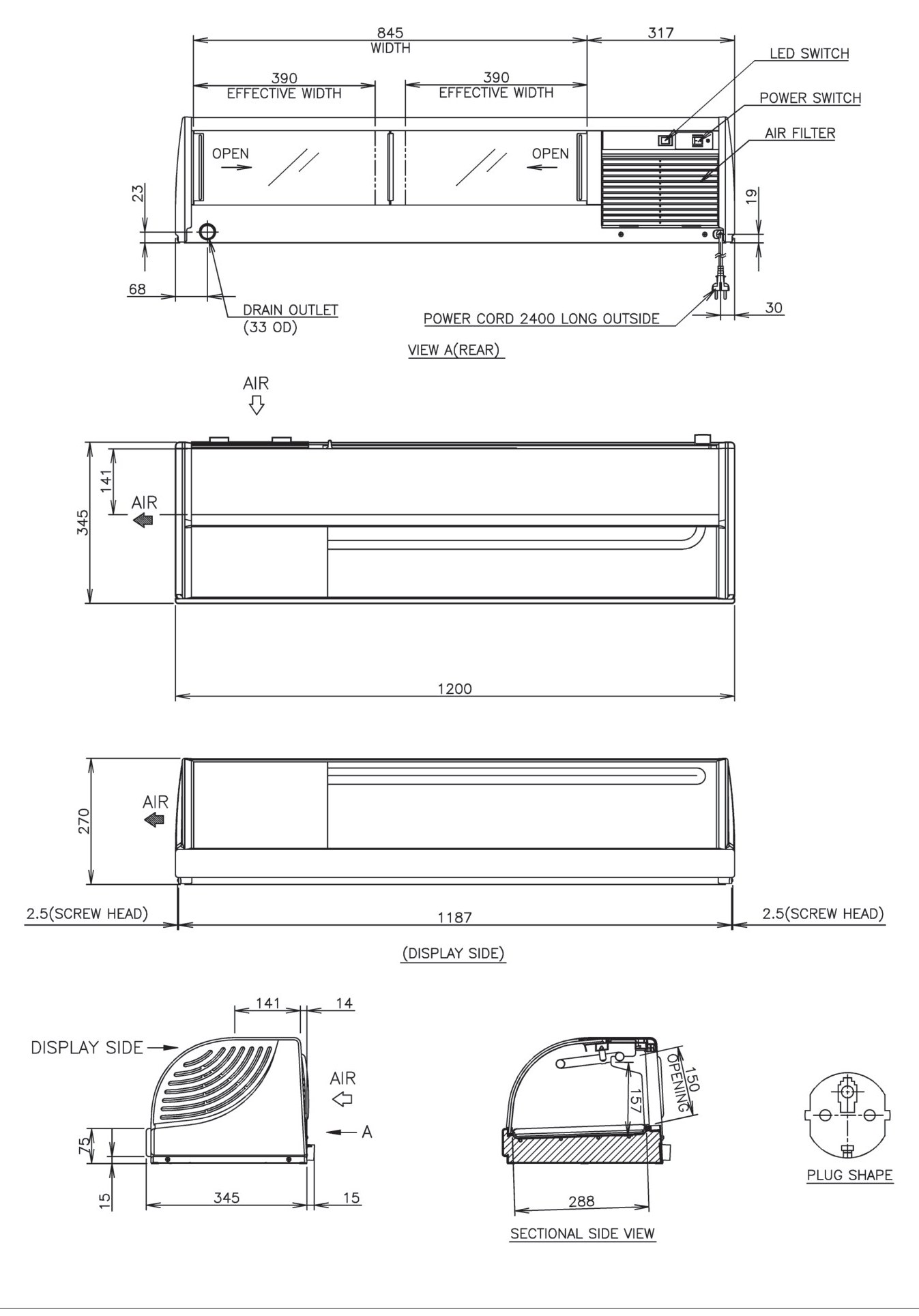 Sushi-Schauvitrine HOSHIZAKI HNC-120BE-L-BLH, 1200 mm breit, LED, Maschinenfach links