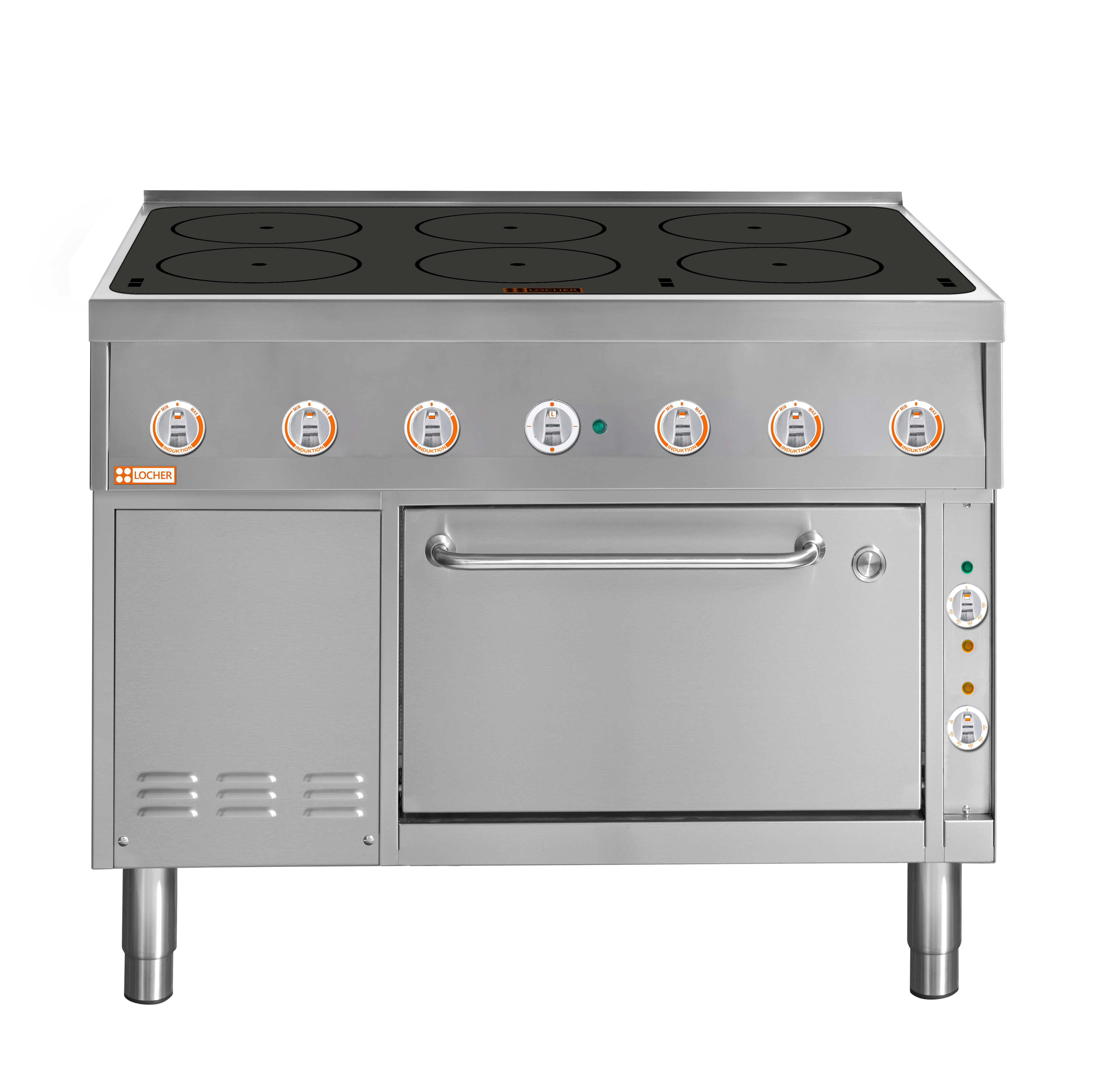 Locher Induktionsherd Stand 700, 6 Kochstellen à 5 kW mit Bratofen GN 1 1/2
