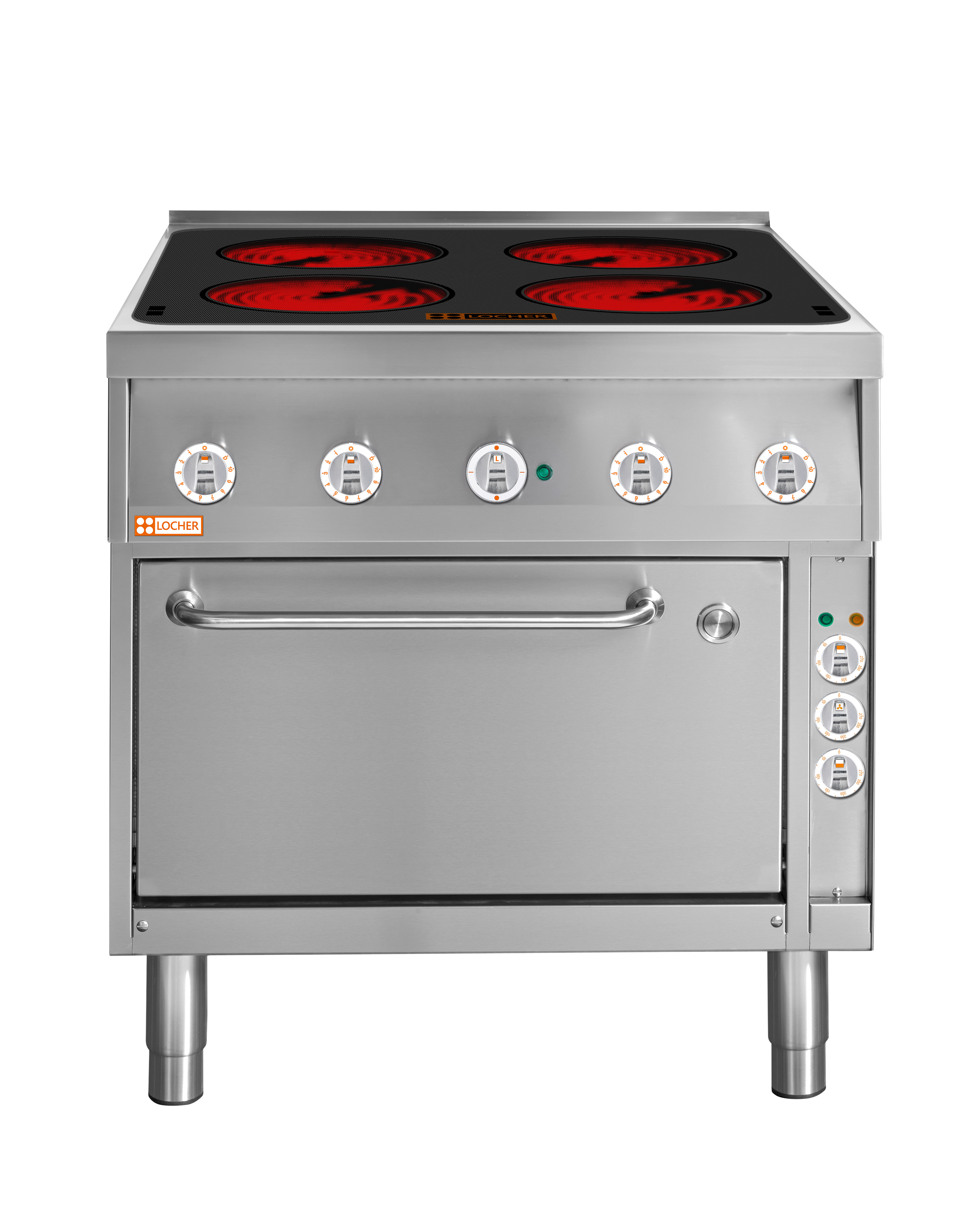 Locher Elektroherd Stand 700, 4 Kochstellen à 3 kW Strahlheizkörper mit Brat- und Backofen GN 1/1+