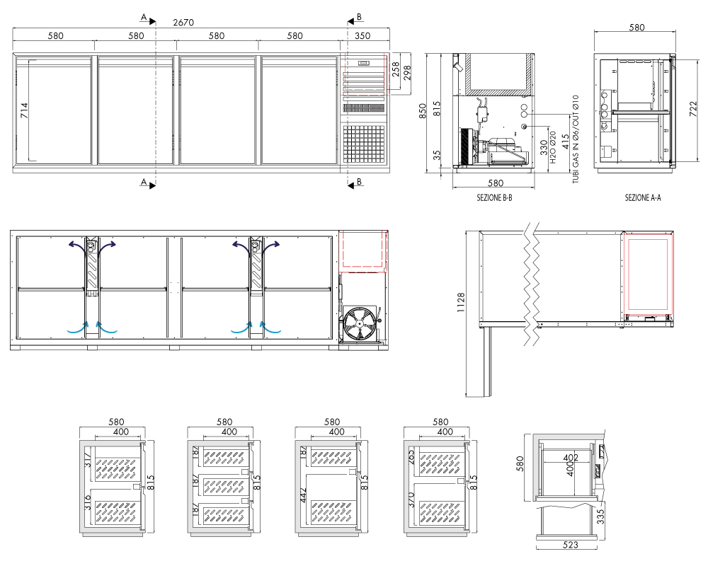 Getränkekühltisch AT, 4 Türen, H 815 × T 580 mm, steckerfertig, mit Flaschenkühlwanne FK6 (460 × 340 × 300 mm) mitgesteuert – technische Zeichnung