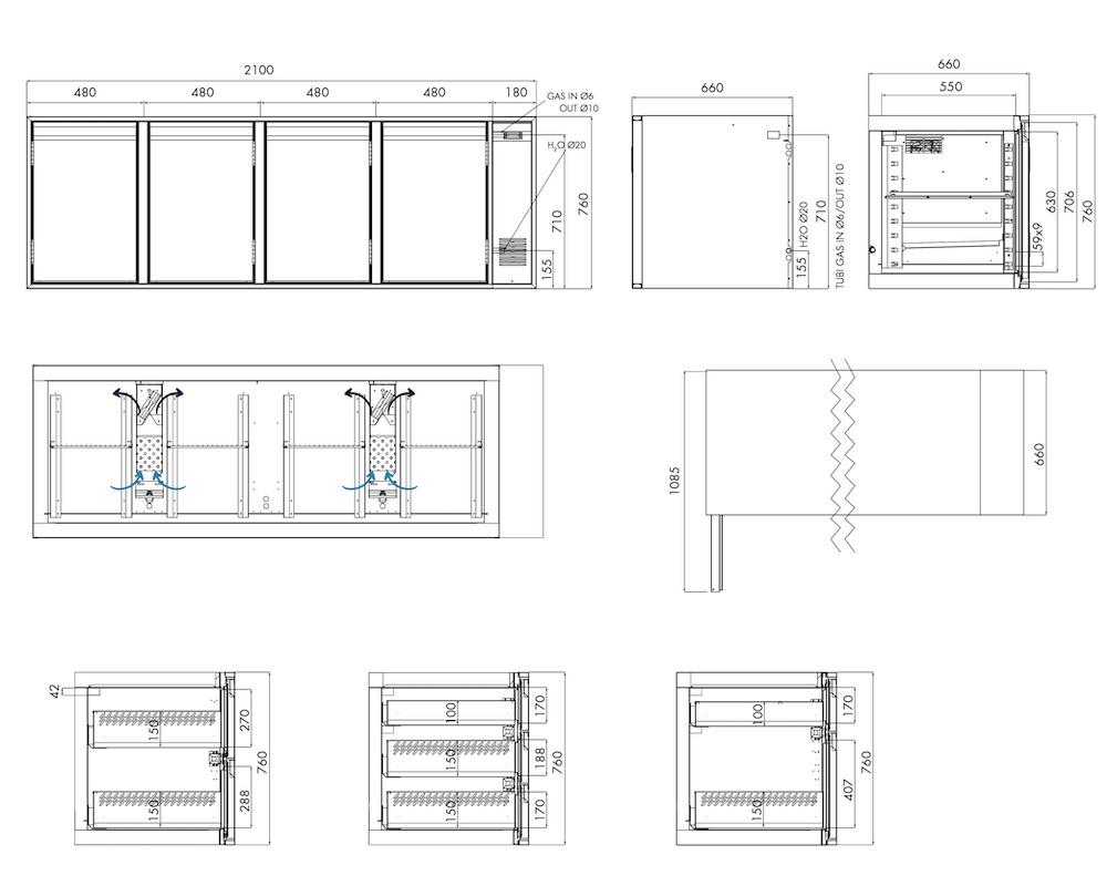 Kühlunterbau GN Premium, 4 Türen, H 760 mm, zentralgekühlt – technische Zeichnung