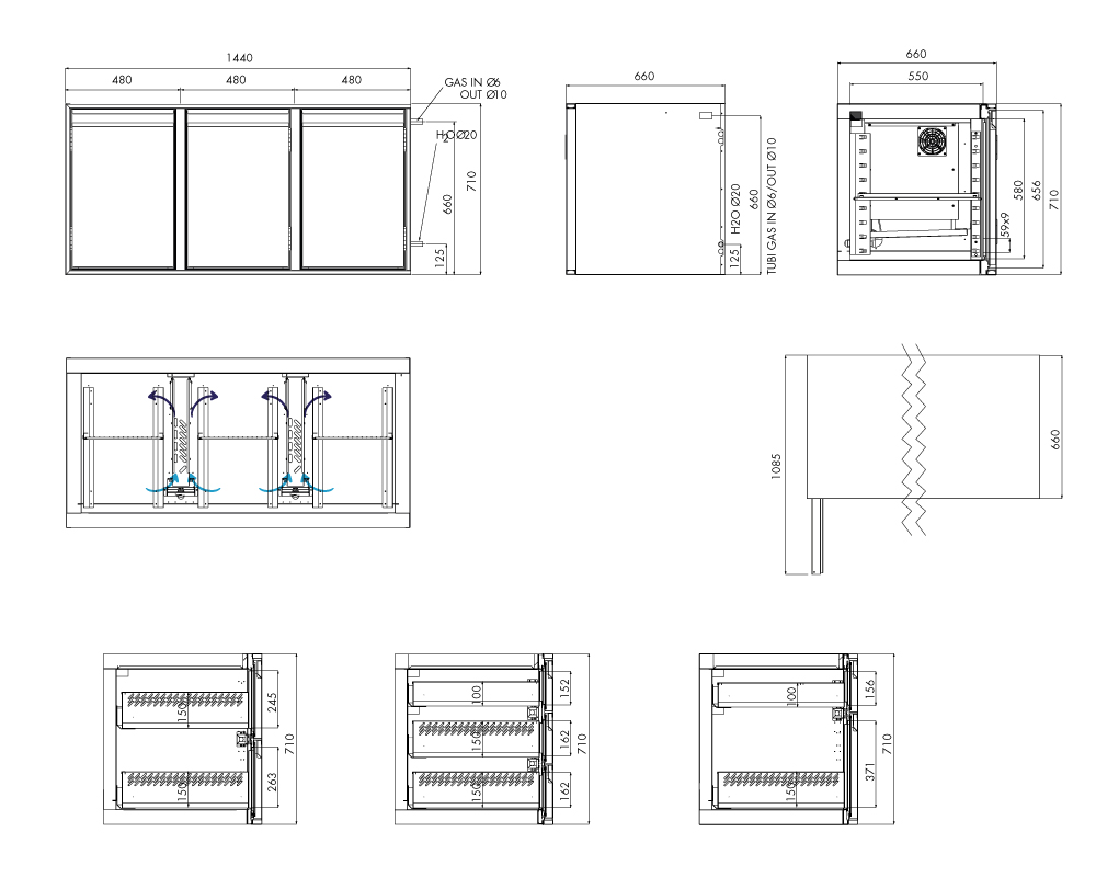 Tiefkühlunterbau GN Premium, 3 Türen, H 710 mm, ohne I-Fach – technische Zeichnung