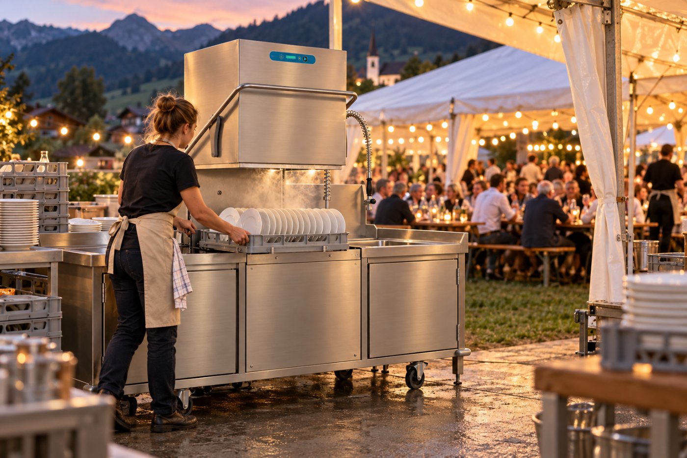 Spülmobil mit Haubenspülmaschine an einem Zeltfest am Abend