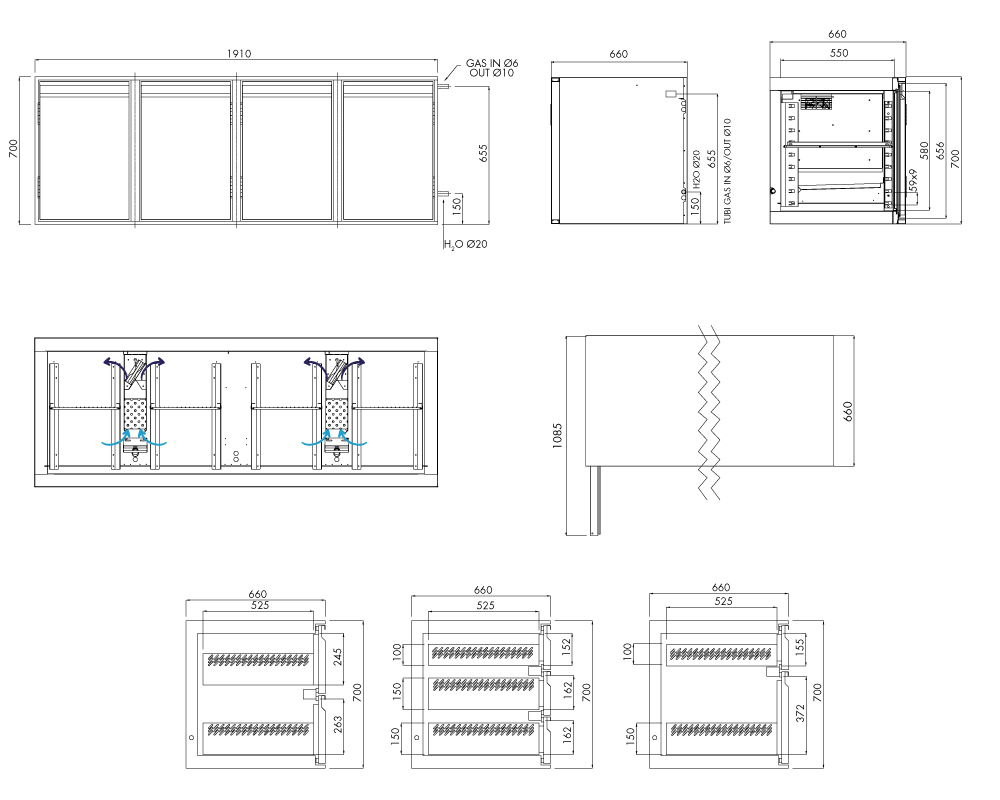 Kühlunterbau GN Premium, 4 Türen, H 700 mm, ohne I-Fach – technische Zeichnung