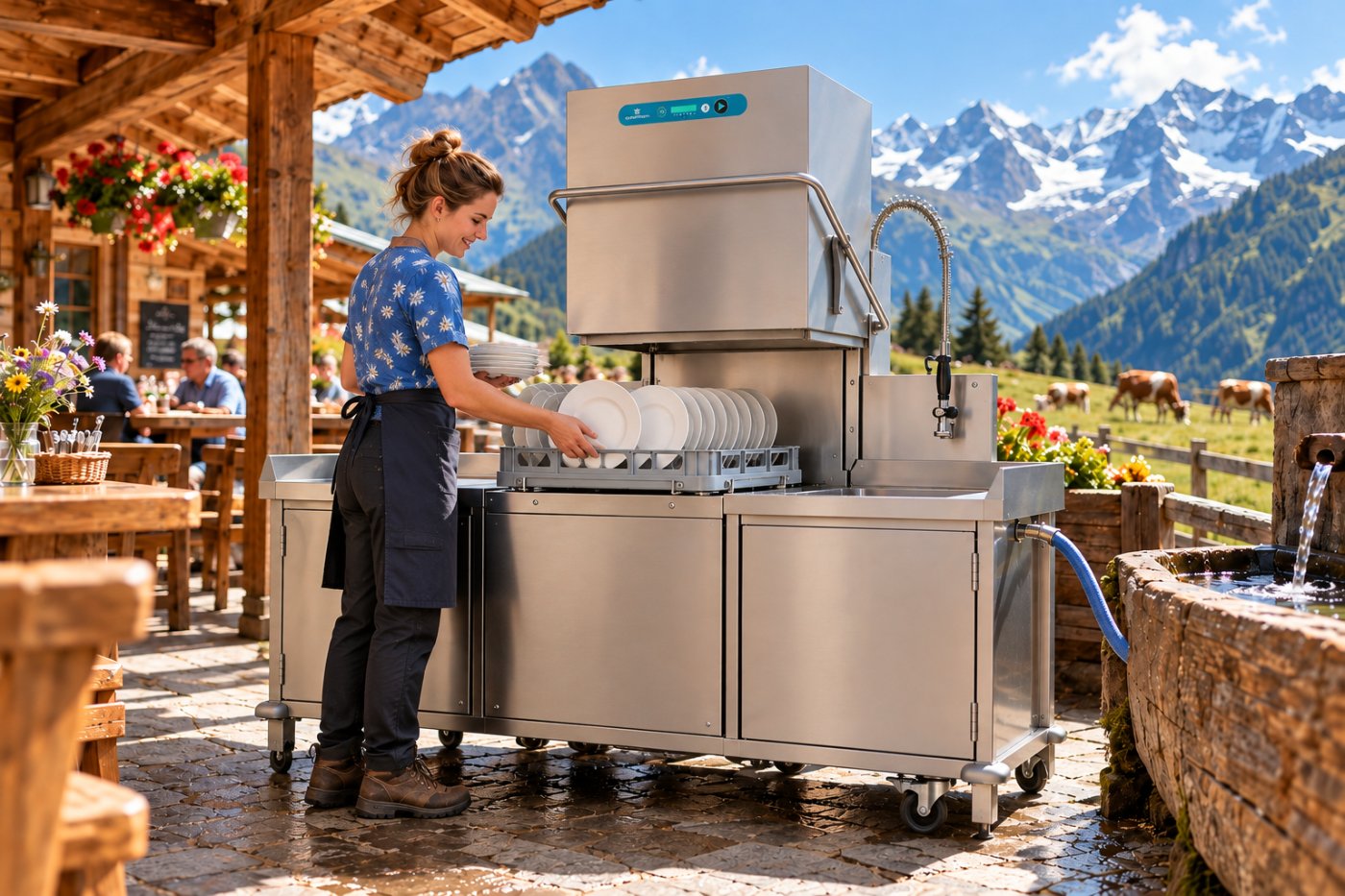 Autarkes Spülmobil auf der Terrasse einer Alpwirtschaft mit Brunnen