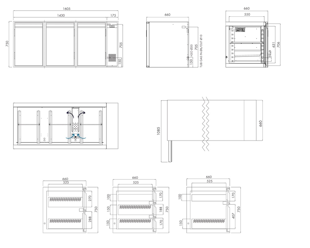 Kühlunterbau GN Premium, 3 Türen, H 750 mm, zentralgekühlt – technische Zeichnung