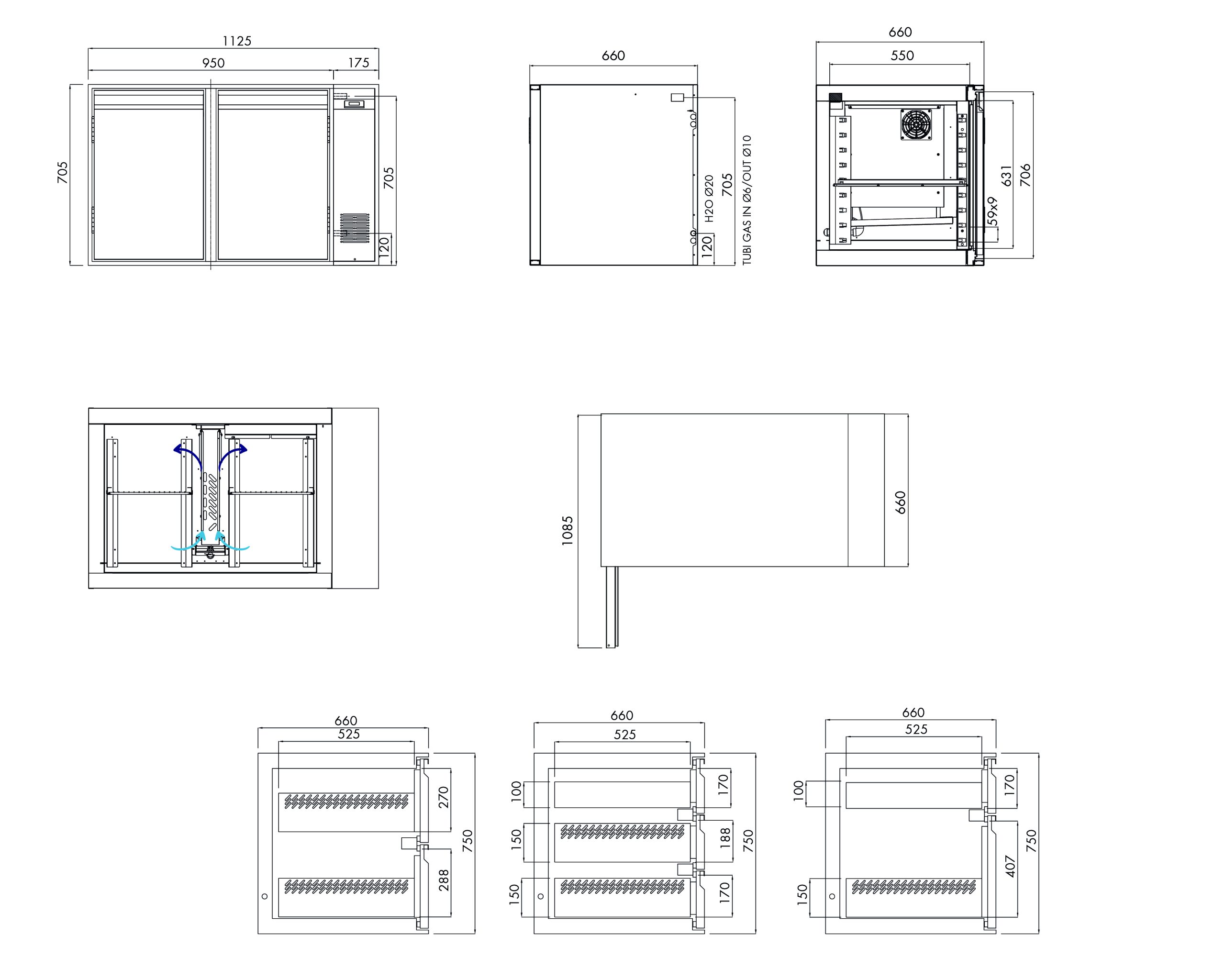 Tiefkühlunterbau GN Premium, 2 Türen, H 750 mm, zentralgekühlt – technische Zeichnung